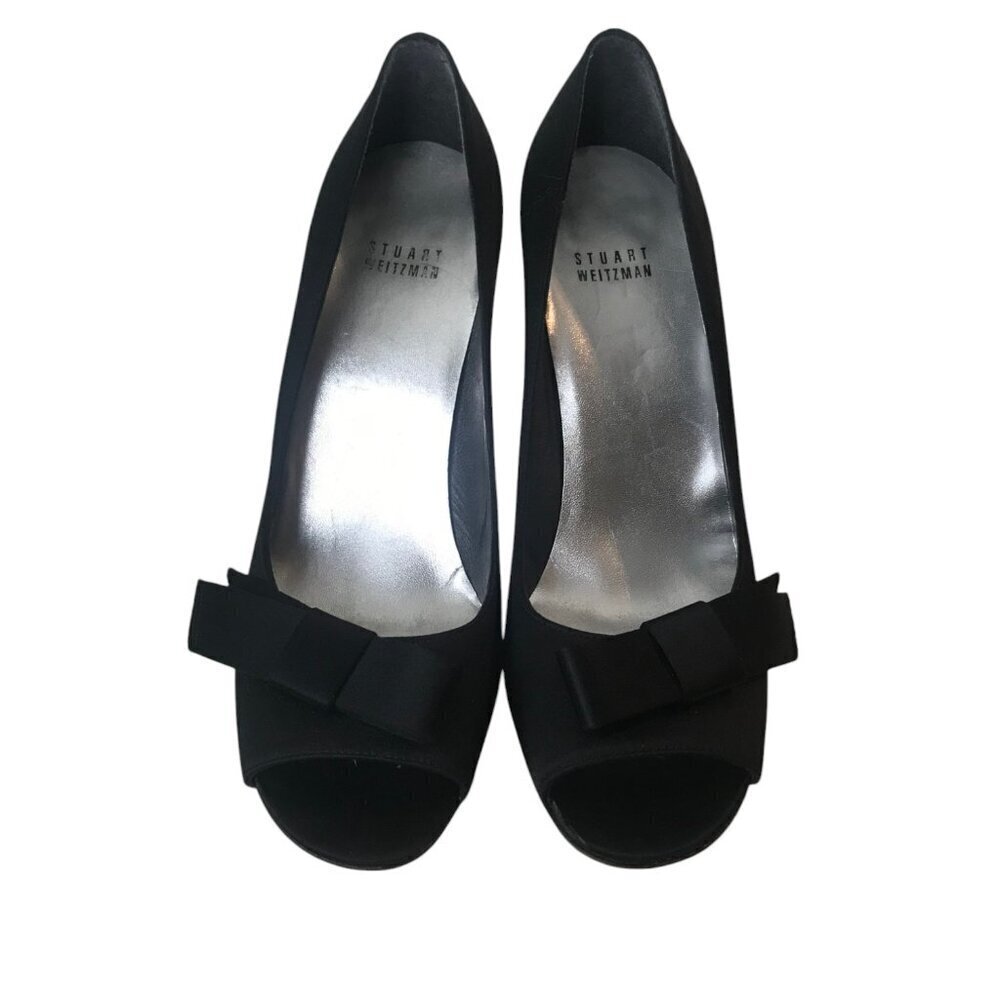 Stuart Weitzman Black Open Toe With Black Bows Silk Like Shoe Size 9.5